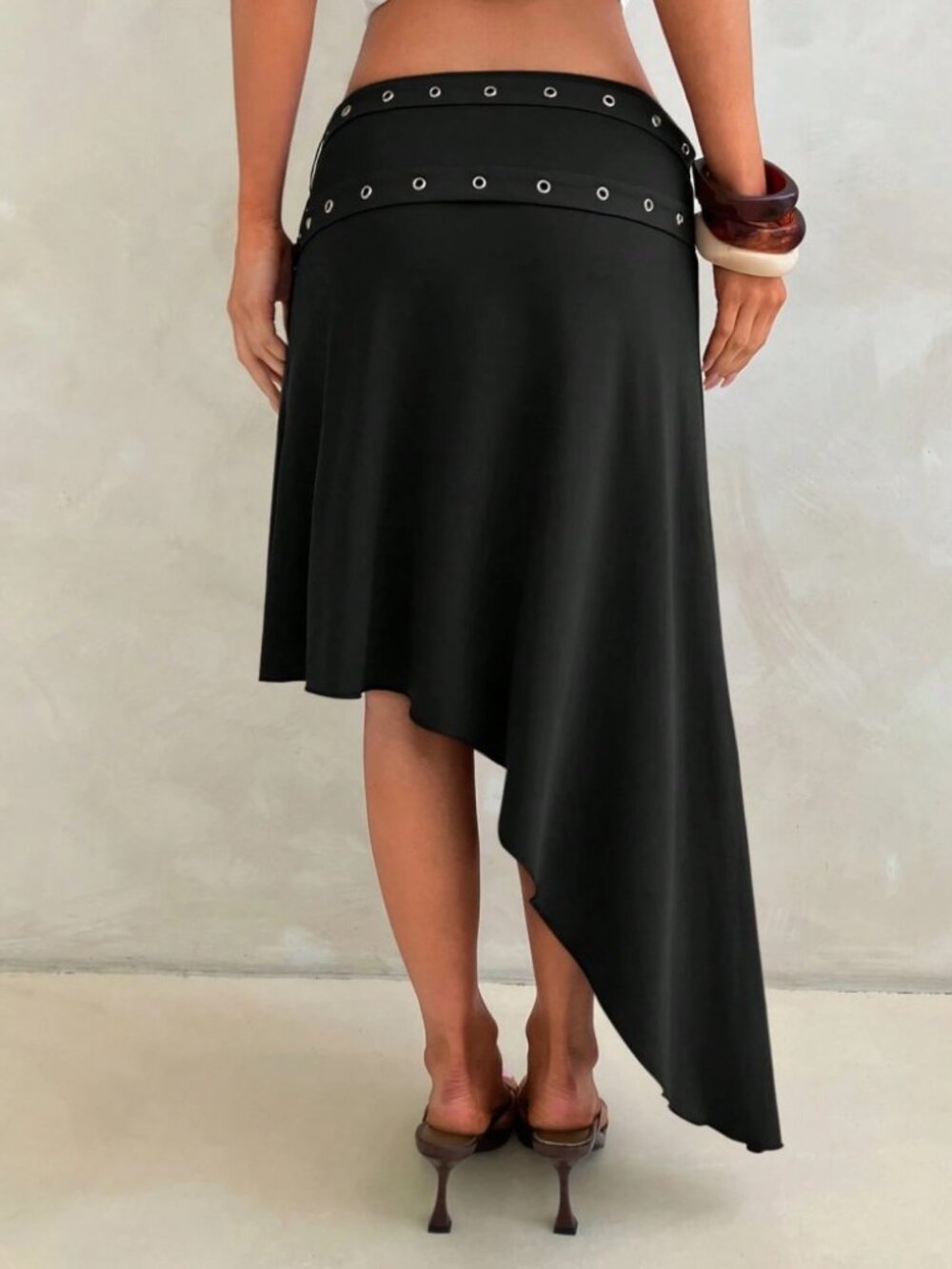 Black Grommet Belt Asymmetric Midi / Mini Skirt - Picture 3 of 8
